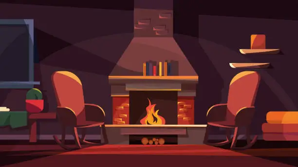 Vector illustration of Evening interior with fireplace.
