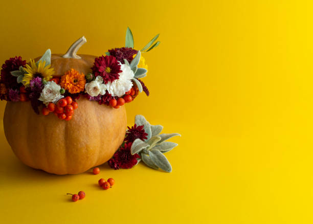 istock Fresh pumpkin with flowers on yellow background. 1277348270