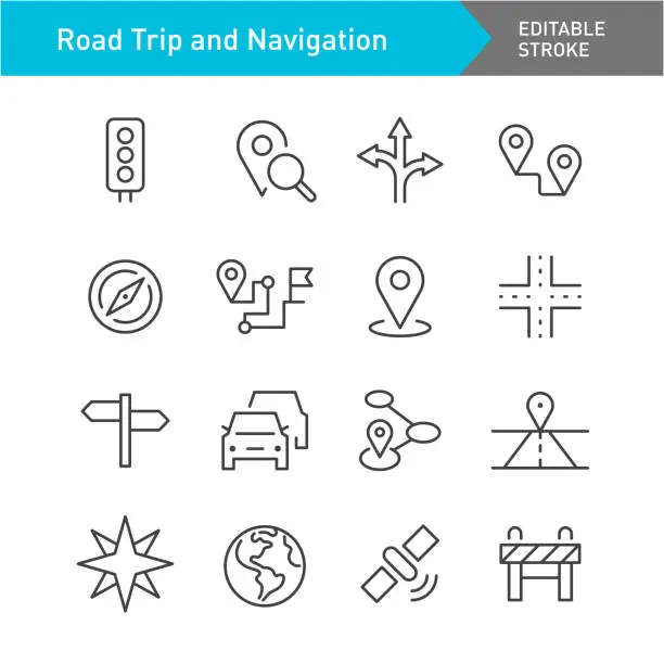 Vector illustration of Road Trip and Navigation Icons - Line Series - Editable Stroke