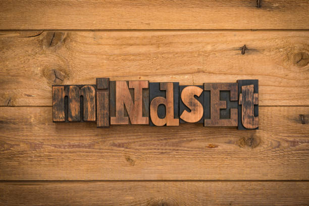 Mindset, single word written with vintage letterpress printing blocks on rustic wood background.