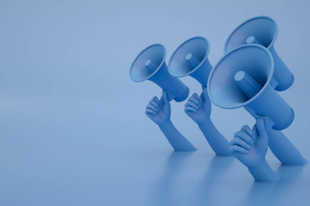 Megaphone 3d rendering of man is holding megaphone in his hand. Advertisement, announcement message. ad spend stock pictures, royalty-free photos & images