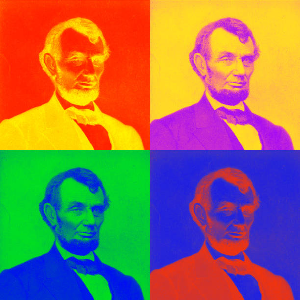 illustrazioni stock, clip art, cartoni animati e icone di tendenza di illustrazione di immagini multiple in stile pop-art derivata da illustrazioni antiche: abraham lincoln - presidente degli stati uniti