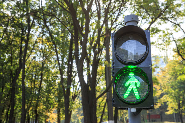 istock Permissive pedestrian traffic light signal against a tree background 1277359543