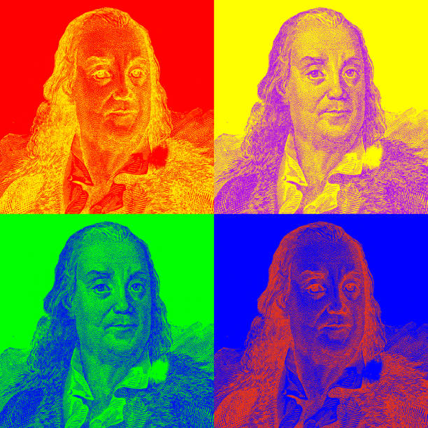 앤티크 일러스트에서 파생된 팝 아트 스타일의 여러 이미지 일러스트: 벤자민 프랭클린 - benjamin franklin history american culture portrait stock illustrations