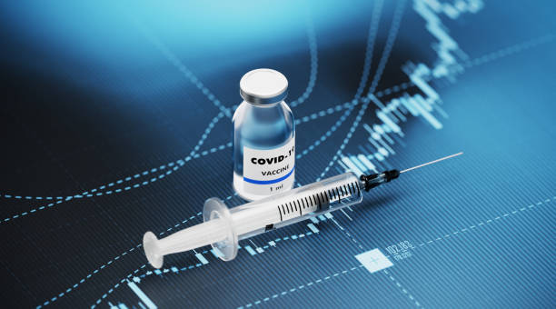 covid-19 vaccine and syringe sitting over blue financial graph background - covid-19 vaccine and stock market and finance concept - graph photos et images de collection