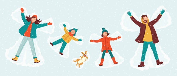 ilustrações de stock, clip art, desenhos animados e ícones de happy family mom, dad, son, daughter and dog make a snow angel. family vacation concept, template for postcard, invitation, banner. winter fun. collection of cute characters. vector illustration - winter men joy leisure activity