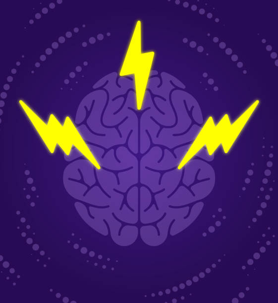 Brain Power Thought Lightning Bolt Concept Human brain thought thinking mental health lightning bolt brain activity concept symbol. midbrain illustrations stock illustrations