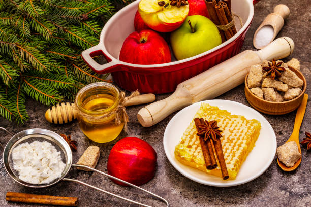 istock Apple pie baking concept. Ripe apples, fresh honey and healthy ingredients 1277366258