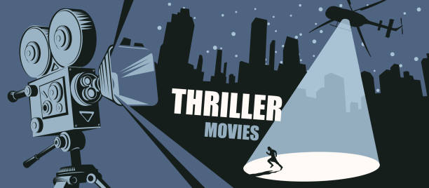 vector banner for the thriller movies festival Cinema poster for the thriller movies. Vector banner, flyer or ticket with an old movie projector and a helicopter with a light beam aimed at a fleeing person in a big city at night. hollywood stock illustrations