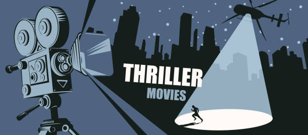 vector banner for the thriller movies festival Cinema poster for the thriller movies. Vector banner, flyer or ticket with an old movie projector and a helicopter with a light beam aimed at a fleeing person in a big city at night. scenery video stock illustrations