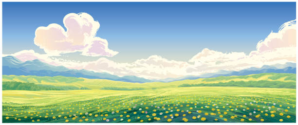 ilustraciones, imágenes clip art, dibujos animados e iconos de stock de paisaje rural de verano con glade con diente de león - alpine meadow