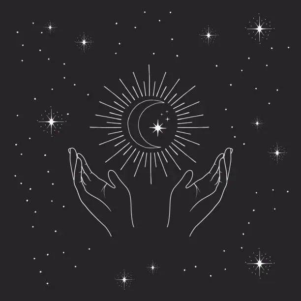 Vector illustration of Female hands with crescent moon. Human arms with stars in boho style. Esoteric print.