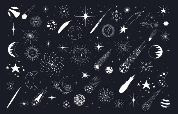 ilustraciones, imágenes clip art, dibujos animados e iconos de stock de patrón navideño de navidad con estrellas, cometas, galaxia, sol y luna. fondos de pantalla de garócula de los niños. - star trail galaxy pattern star