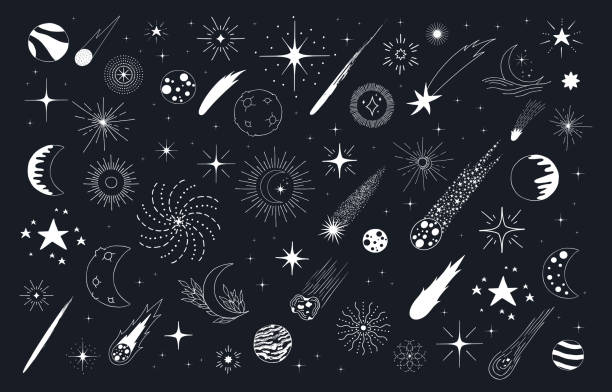 Holiday Christmas pattern with stars, comets, galaxy, sun and moon. Kids doodle wallpaper. Holiday Christmas pattern with stars, comets, galaxy, sun and moon. Kids doodle wallpaper. star trail stock illustrations