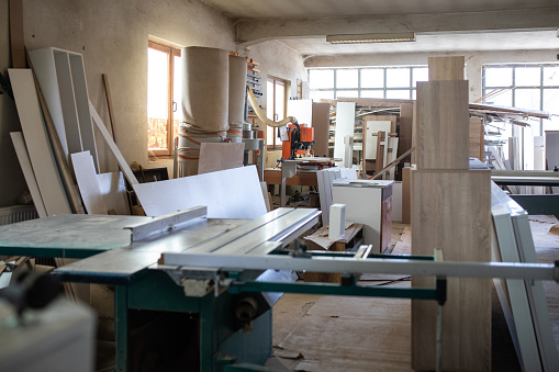 Table saw in carpentry workshop