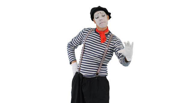 funny mime in white gloves making selfie photos on white backgro - clown circus telephone humor imagens e fotografias de stock