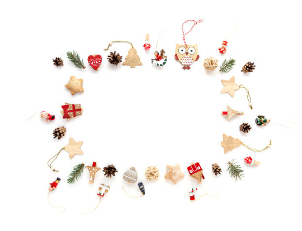 Christmas decoration frame with zero waste toys. Flat lay, top view