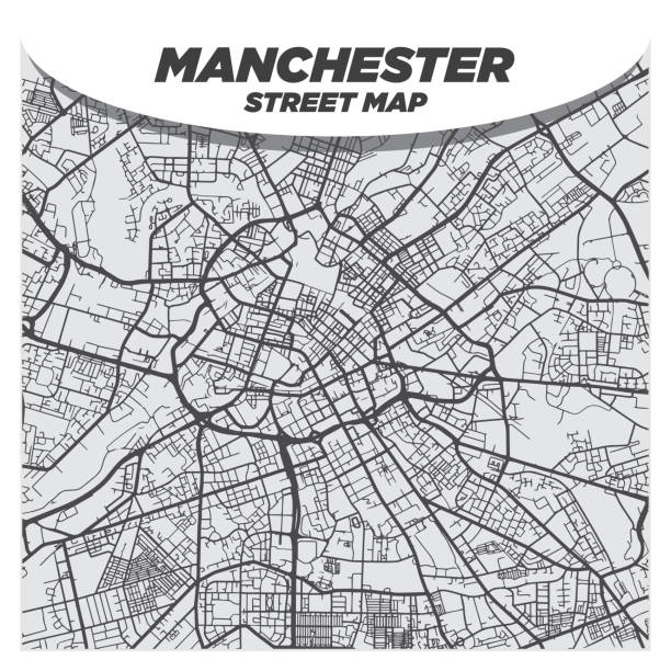 英國曼徹斯特市中心現代平黑白城市街道地圖。 - manchester 幅插畫檔、美工圖案、卡通及圖標