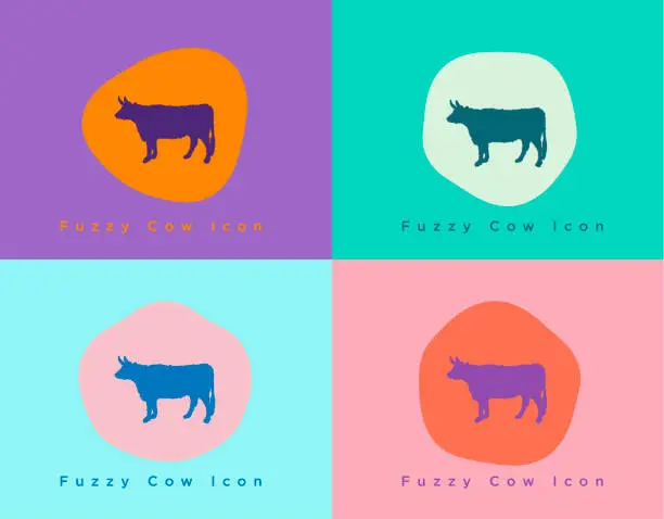 Vector illustration of Fuzzy Cow Icon on Bright Color Block Backgrounds with Funky Shapes for Steak or Beef Art