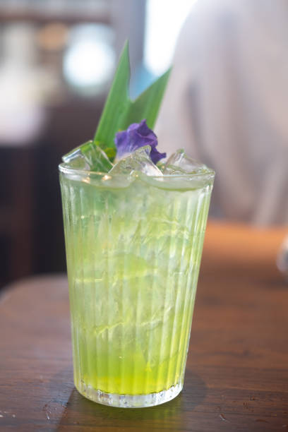 Iced pandan green juice on glass. Juice of good smell