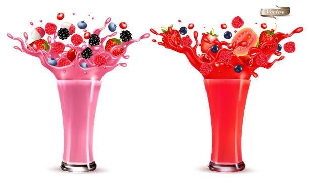 ilustrações de stock, clip art, desenhos animados e ícones de sweet berry juice splash. whole and sliced strawberry, raspberry, cherry blueberry, blackberry and guava in juice or cocktail with splashes and drops isolated on transparent background. 3 d. vector. - drink close up dairy product flowing