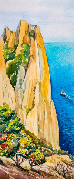 ilustrações, clipart, desenhos animados e ícones de paisagem marinha, aquarela artesanal, vertical estreita. - illustration and painting stone beach cliff