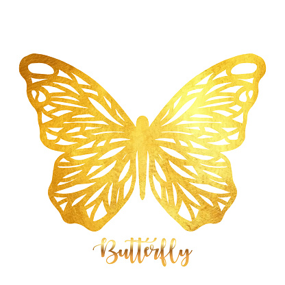 Gold Glitter Butterfly Ornament. Design Element for Greeting Cards and Business Card Designs. Sparkling Butterfly with Gold Texture. Spring Holidays Decoration Design Element.