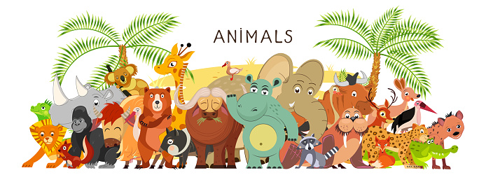 Large Group Of Animals In Cartoon Flat Style Stand Together World Fauna  Vector Illustration Stock Illustration - Download Image Now - iStock