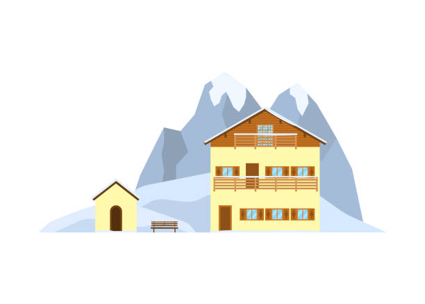 ilustrações, clipart, desenhos animados e ícones de casa privada na paisagem das montanhas. - bench winter snow mountain