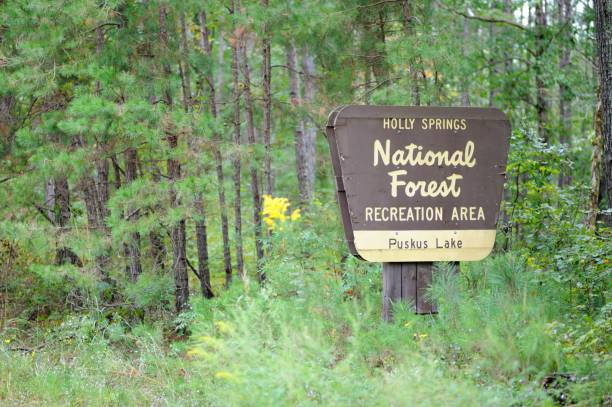 Oxford, Mississippi - September 26, 2020: Sign for Puskus Lake recreation area in the Holly Springs National forest, located along forest services road 2089 near Oxford, Mississippi.