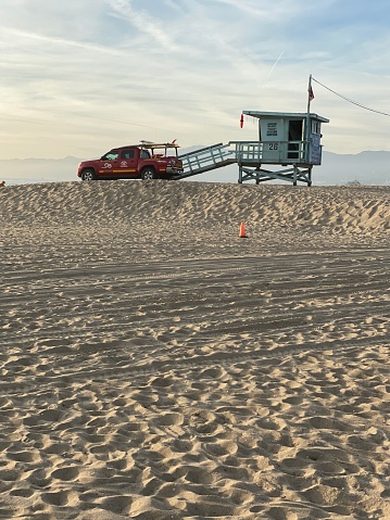 Venice Beach, USA - January 02, 2020: Lifeguard car parked on the beach in Venice, USA