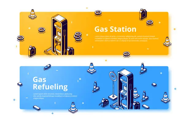 Vector illustration of Gas refueling station isometric vector web banner