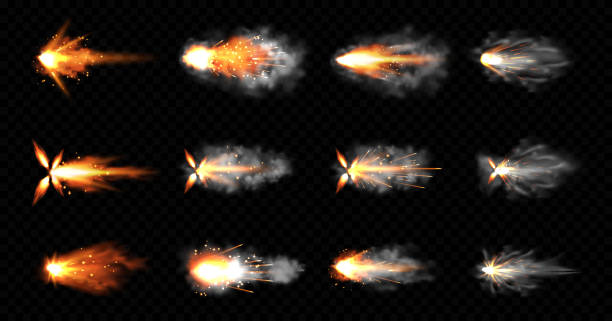 Gun flashes with fire and smoke. Pistol shots set Gun flashes with smoke and fire sparkles. Pistol shots clouds, muzzle shotgun explosion. Blast motion, weapon bullets trails isolated on black background. Realistic 3d vector illustration, icons set machine gun stock illustrations