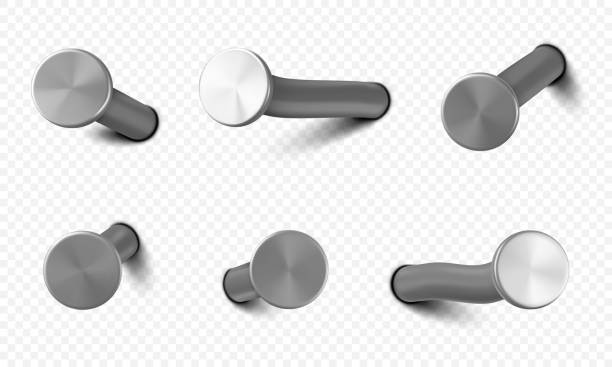 Nails hammered into wall steel or silver pin heads Nails hammered into wall, steel or silver pin heads, straight and bent metal hardware spikes or hobnails with grey caps top view isolated on transparent background. Realistic 3d vector icons set spiked stock illustrations