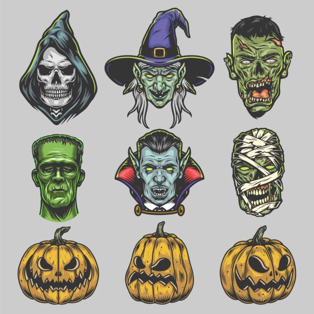 ilustrações, clipart, desenhos animados e ícones de cenário vintage de criaturas de halloween - frankenstein