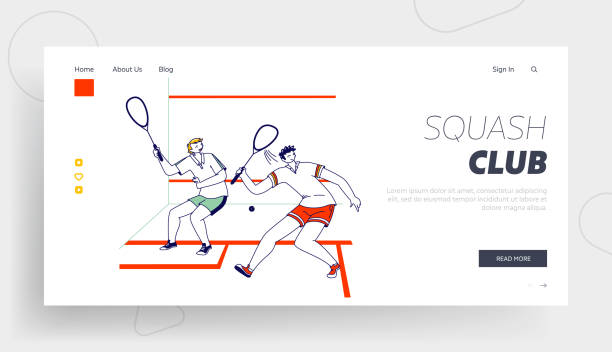 ilustrações de stock, clip art, desenhos animados e ícones de couple of sportsmen playing squash landing page template. male characters sports training or competition - tennis court men racket