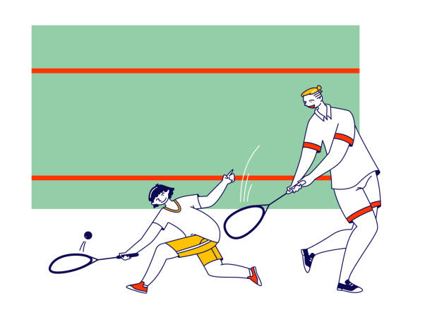 erwachsene und kind spielen squash. vater und sohn oder coach und student sport training oder wettbewerb auf dem tennisplatz - indoor tennis illustrations stock-grafiken, -clipart, -cartoons und -symbole