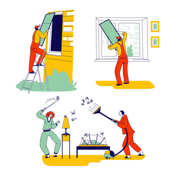ilustrações de stock, clip art, desenhos animados e ícones de set of characters installing mosquito net at summer period. workers installing net on window, fighting with insects - netting child mosquito netting window