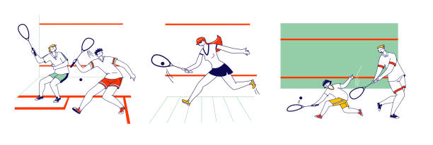 ilustrações, clipart, desenhos animados e ícones de conjunto de personagens masculinos e femininos jogando squash sport game. atividade de treinamento ou competição de pessoas, estilo de vida saudável - squash tennis