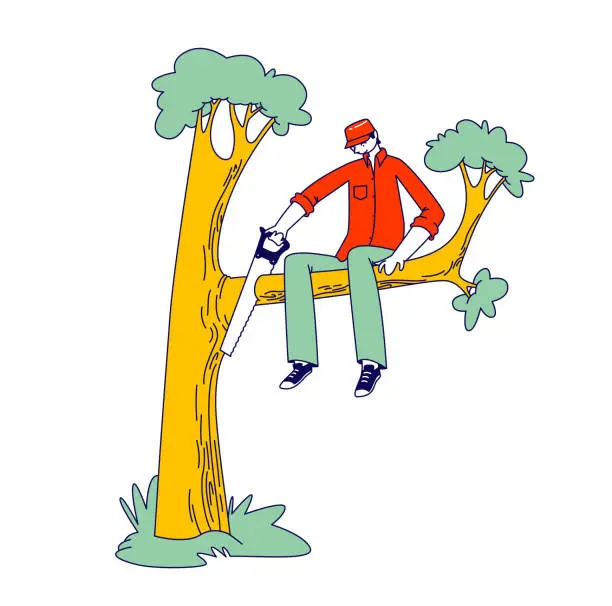 Vector illustration of Stupid Male Character Sawing Off the Tree Branch He is Sitting on. Man Idiot or Fool Harm to himself, Making Mistake