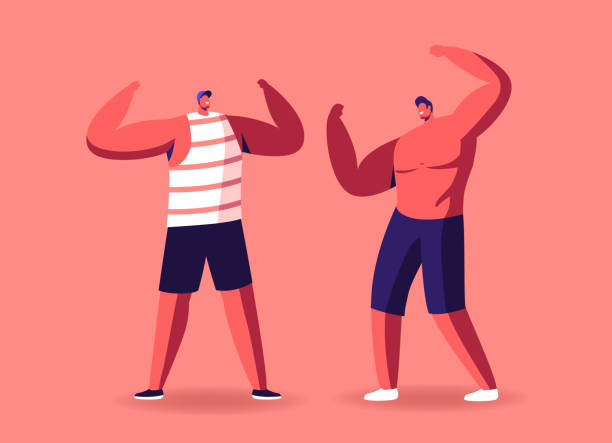 bodybuilder männliche charaktere posing zeigen riesige muskeln und sportliche perfekte athletische körper messung stärke - body building men flexing muscles male stock-grafiken, -clipart, -cartoons und -symbole