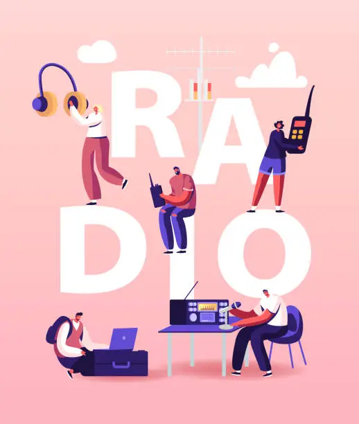 Vector illustration of People and Radio Concept. Male and Female Radio Dj Characters in Headset Speak to Microphones, Broadcasting Program