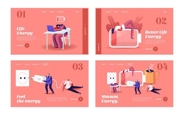 Low Energy and Working Burnout Landing Page Template Set. Tiny Exhausted Business People Characters Sleep and Relax Fatigue, Low Energy and Working Burnout Landing Page Template Set. Tiny Exhausted Business People Characters Sleep and Relax at Huge Coffee Cup, Charger, Low Battery Power. Cartoon Vector Illustration mental burnout stock illustrations