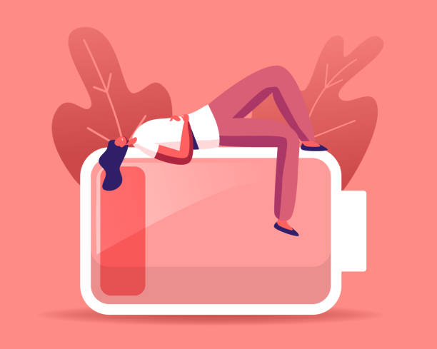 ilustrações de stock, clip art, desenhos animados e ícones de tired or haggard businesswoman character lying on huge battery with low red charging level. overload employee stress - lack of energy