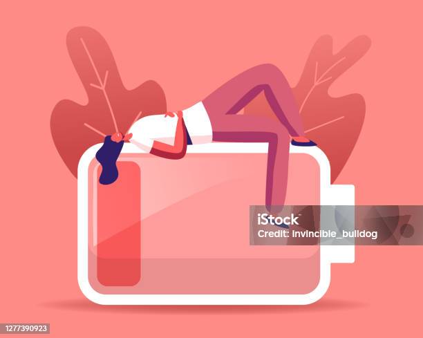 Tired Or Haggard Businesswoman Character Lying On Huge Battery With Low Red Charging Level Overload Employee Stress Stock Illustration - Download Image Now