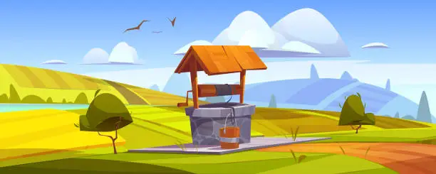 Vector illustration of Old stone well with drinking water on green hill