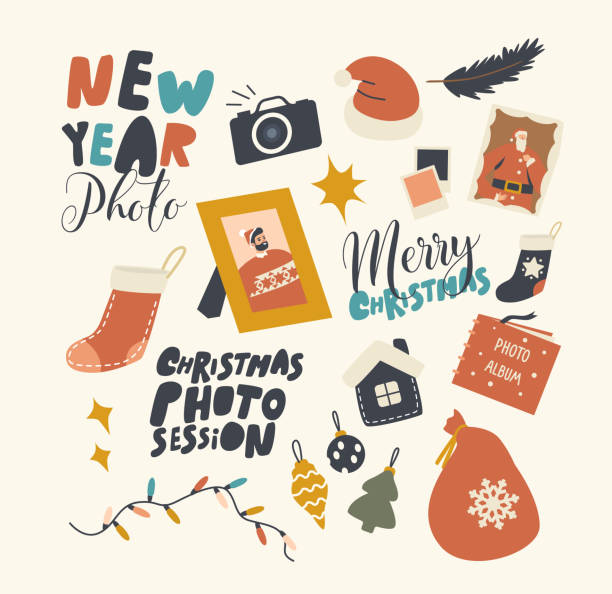아이콘 새해와 크리스마스 사진 세션 테마의 집합. 카메라, 프레임 및 축제 조명 갈랜드, 산타 클로스 모자 - christmas theme flash stock illustrations