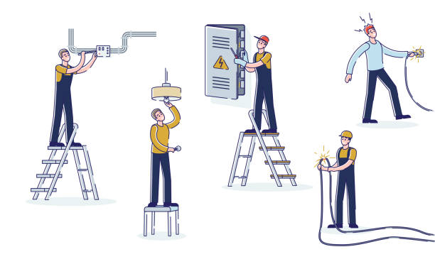 Set of electricians and engineers working with high voltage electricity devices and cables Set of cartoon electricians and engineers working with high voltage electricity devices and cables, changing light bubles and checking breaker counters. Vector illustration electrical fuse stock illustrations