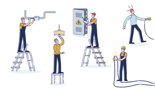Set of electricians and engineers working with high voltage electricity devices and cables Set of cartoon electricians and engineers working with high voltage electricity devices and cables, changing light bubles and checking breaker counters. Vector illustration fuse cartoons stock illustrations