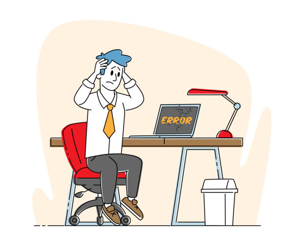 オフィスワーカー男性キャラクターは、壊れたコンピュータが頭を保持して作業デスクに座ります。絶望的なビジネスマンとガジェット - outline desk computer office点のイラスト素材／クリップアート素材／マンガ素材／アイコン素材